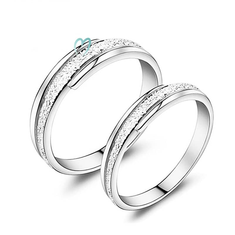 (image for) Hammered Center + Polished Edges Couple Promise Rings Set, 925 Sterling Silver Wedding Ring Band with Grooves, Matching His and Hers Jewelry for Couples
