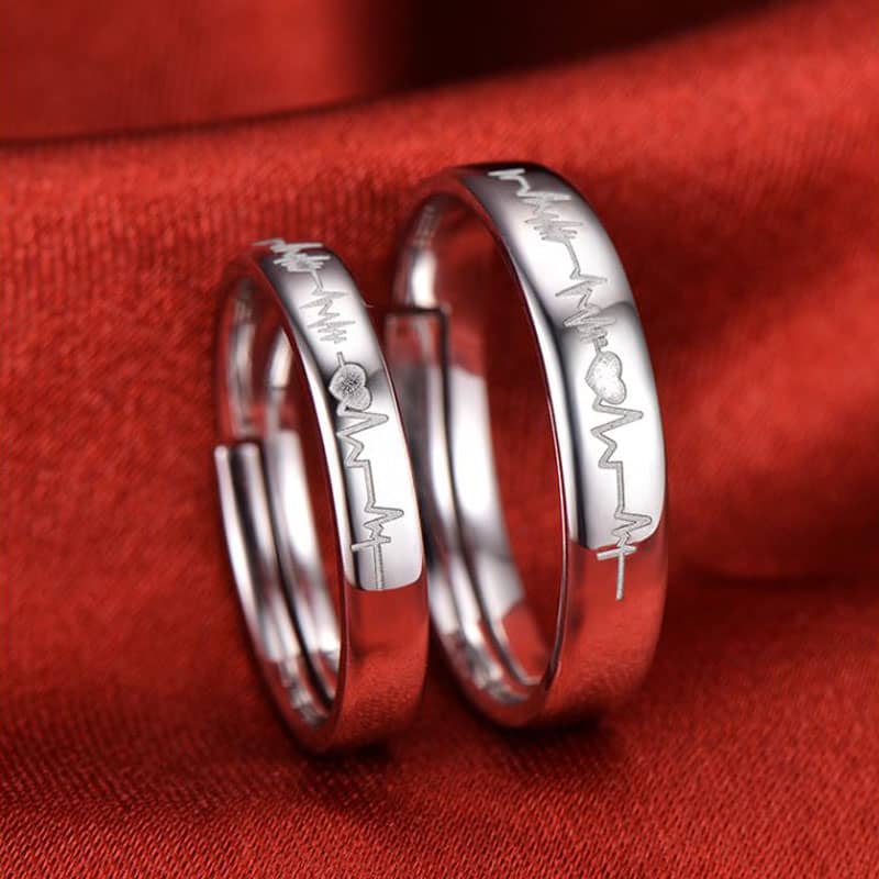(image for) Heart + Heartbeat Engraved Adjustable Promise Rings Set for Couples, Domed Wedding Ring Band in 925 Sterling Silver, Matching Couple Jewelry for Him and Her
