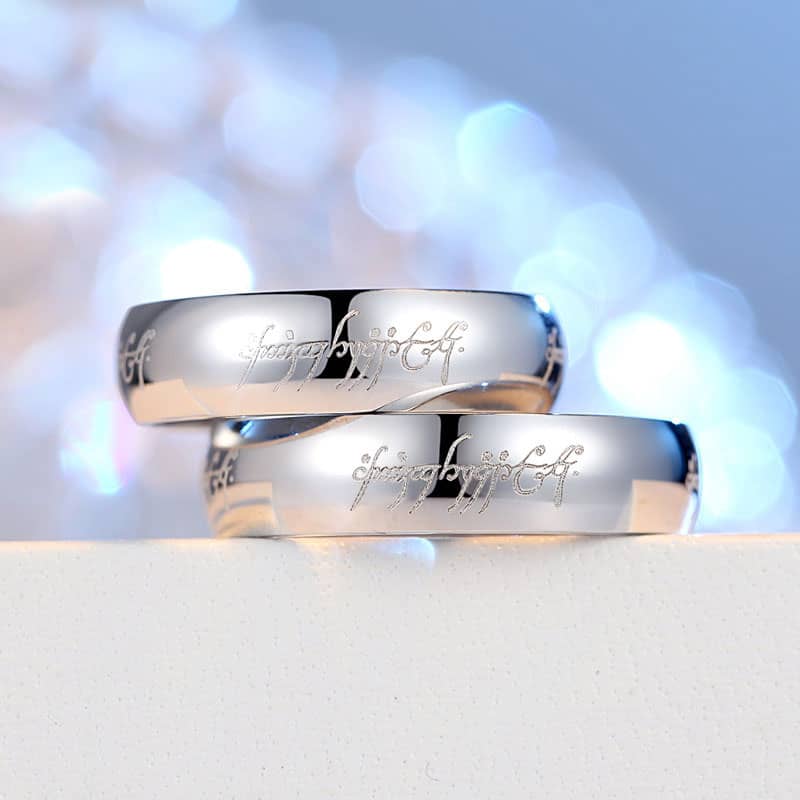 (image for) Lotr Laser Engraved Couple Wedding Bands for Men and Women, Lord of The Rings One Ring in 925 Sterling Silver, Matching His and Hers Jewelry Set for Couples
