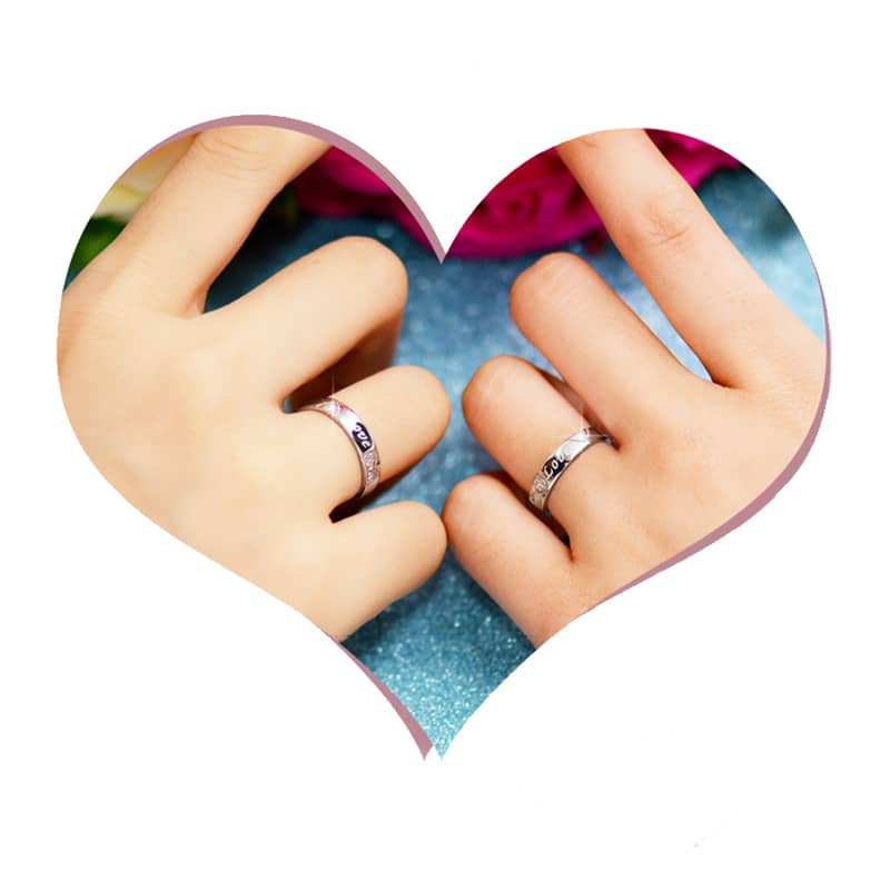 (image for) Sterling Silver Love Engraved Matching Heart Wedding Bands Set With CZ Diamonds