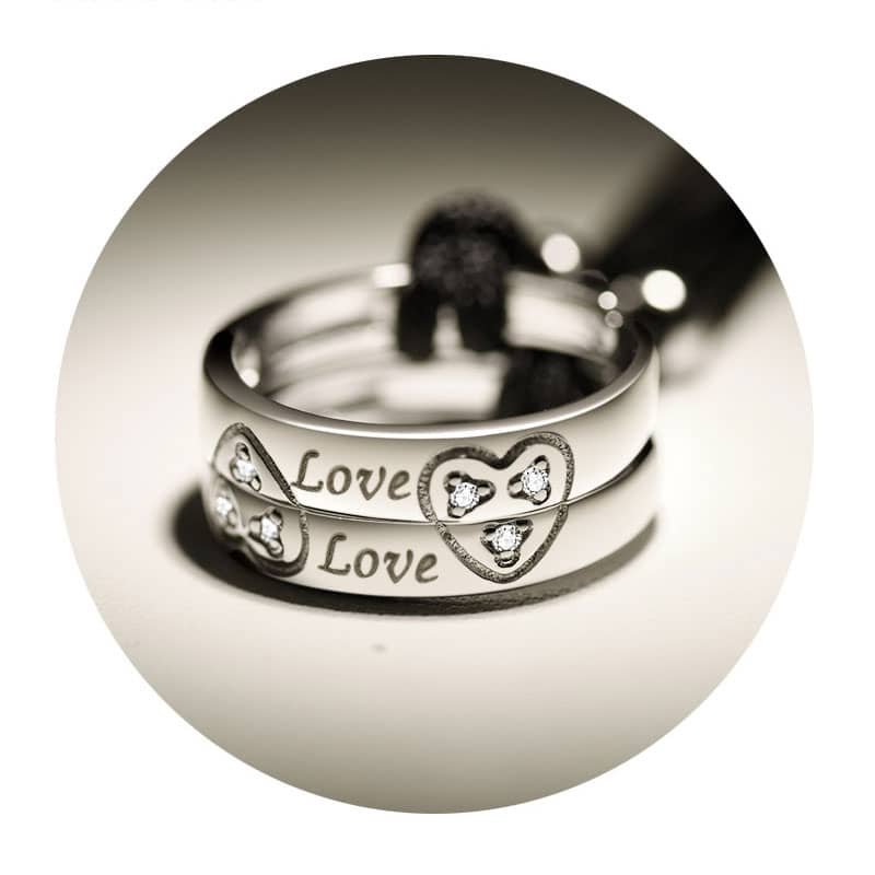(image for) Sterling Silver Love Engraved Matching Heart Wedding Bands Set With CZ Diamonds
