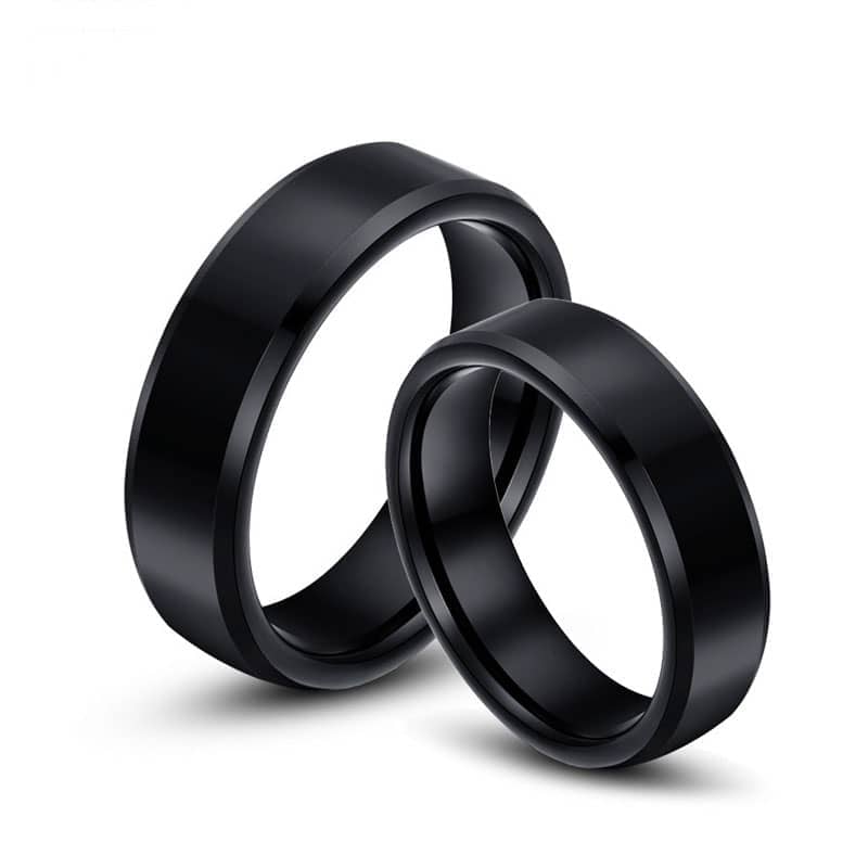 (image for) Black Tungsten Wedding Bands Set, Flat Beveled Edges Tungsten Carbide Wedding Bands for Men and Women, Personalized Ring - 4mm - 8mm, Matching Couples Jewelry for Him and Her