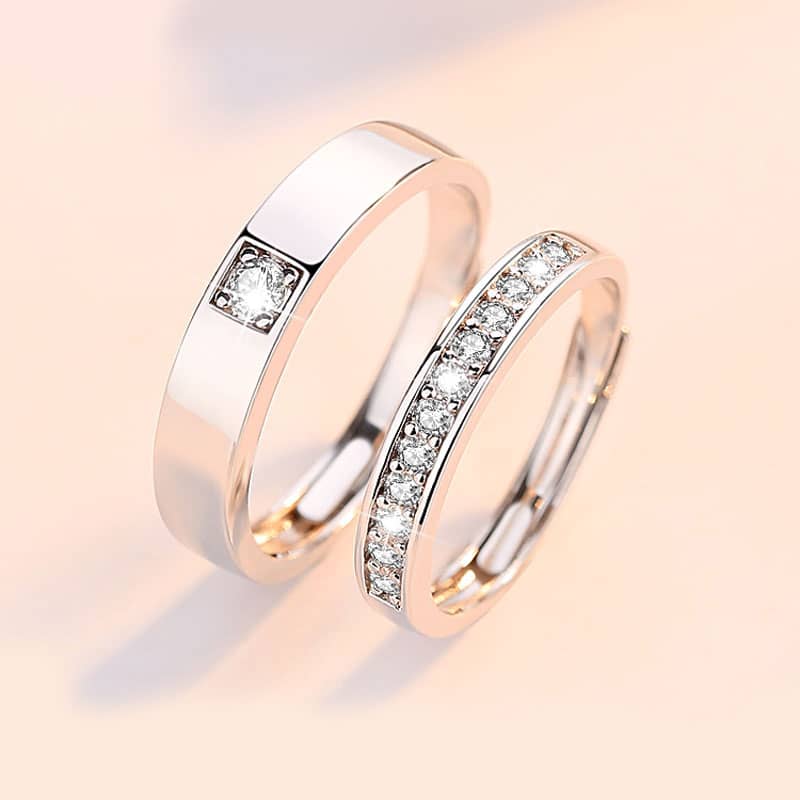 (image for) Cubic Zirconia Diamond Accents Couple Promise Rings for Women and Men, Wedding Ring Band in Sterling Silver, Matching His and Hers Jewelry Set for Couples
