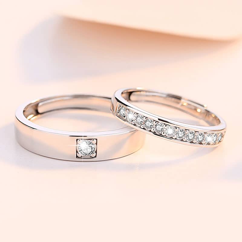 (image for) Cubic Zirconia Diamond Accents Couple Promise Rings for Women and Men, Wedding Ring Band in Sterling Silver, Matching His and Hers Jewelry Set for Couples