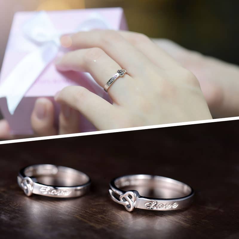 (image for) Heart Knot + Love Engraved Promise Rings for Couples, Cute Infinity Wedding Ring Band in 925 Sterling Silver, Matching Couple Jewelry Set for Him and Her