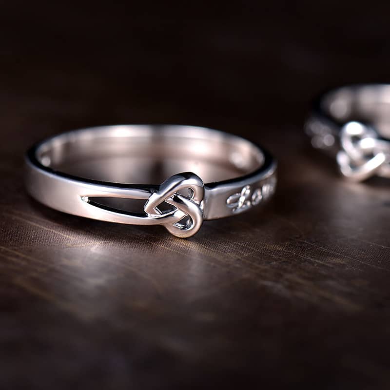 (image for) Heart Knot + Love Engraved Promise Rings for Couples, Cute Infinity Wedding Ring Band in 925 Sterling Silver, Matching Couple Jewelry Set for Him and Her