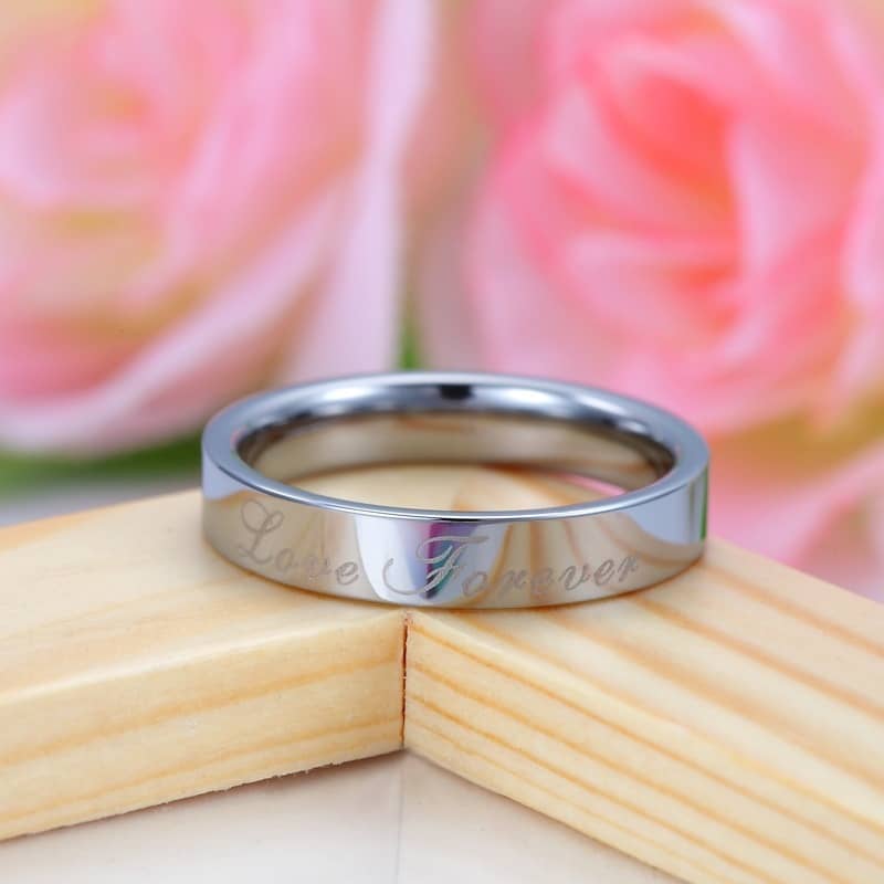 (image for) Love Forever Engraved Tungsten Wedding Bands, Flat + Domed Tungsten Carbide Wedding Rings Set for Women and Men - 4mm - 6mm, Matching His and Hers Jewelry for Couples