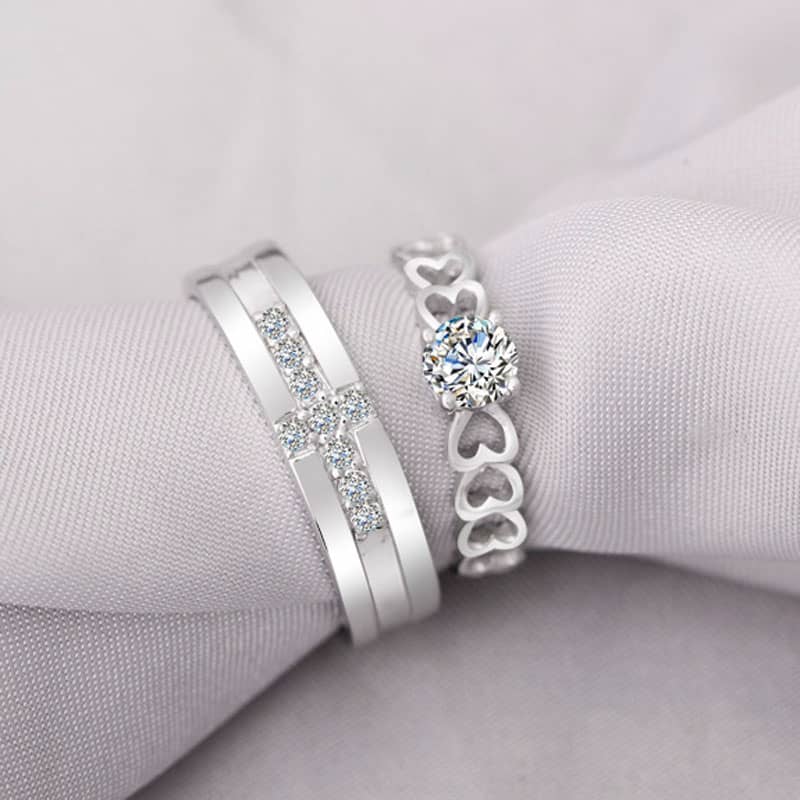 (image for) CZ Diamond Cross Wedding Band and Heart Link Engagement Ring Set, Personalized Promise Rings in 925 Sterling Silver, Matching His and Hers Jewelry for Couples