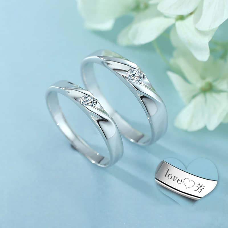 (image for) Simple Wave Promise Rings for Couples, 925 Sterling Silver Polished Wedding Ring Band with Cubic Zirconia Diamond, Matching Couple Jewelry Set for Him and Her