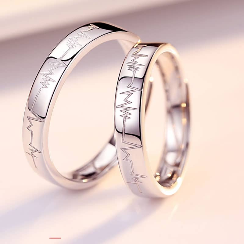(image for) Heartbeat Engraved Adjustable Promise Rings for Couples, Love Heart Wedding Ring Band in 925 Sterling Silver, Matching Couple Jewelry Set for Him and Her