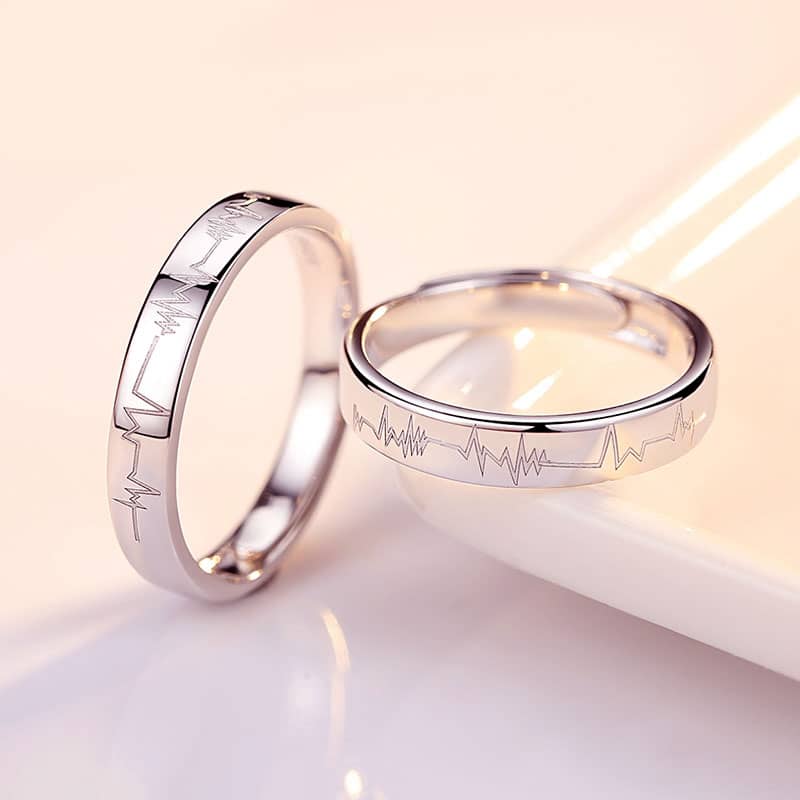 (image for) Heartbeat Engraved Adjustable Promise Rings for Couples, Love Heart Wedding Ring Band in 925 Sterling Silver, Matching Couple Jewelry Set for Him and Her