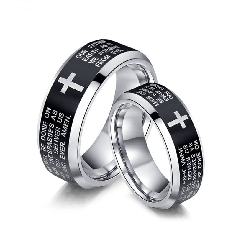 (image for) Holy Bible and Cross Laser Engraved Tungsten Wedding Bands Set, Tungsten Carbide Wedding Ring Band with Black Center & Beveled Edges, Matching Jewelry for Couples