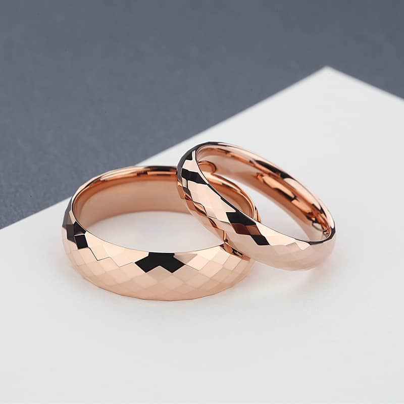 (image for) Rose Gold Plated Tungsten Wedding Bands Set, Domed + Faceted Tungsten Carbide Wedding Rings for Women and Men - 4mm - 6mm, Matching His and Hers Jewelry for Couples