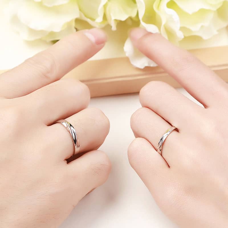 (image for) Simple Wave Promise Rings for Couples, Personalized Polished Wedding Ring Band in 925 Sterling Silver, Matching Couple Jewelry Set for Him and Her