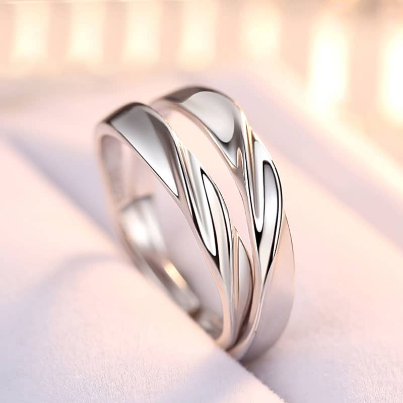 (image for) Simple Wave Promise Rings for Couples, Personalized Polished Wedding Ring Band in 925 Sterling Silver, Matching Couple Jewelry Set for Him and Her