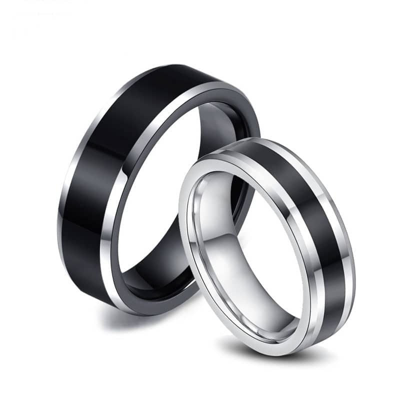 (image for) Two-Tone Tungsten Wedding Bands Set for Women & Men, White + Black Beveled-Edge Tungsten Carbide Wedding Ring - 6mm - 8mm, Matching Couple Jewelry for Him and Her