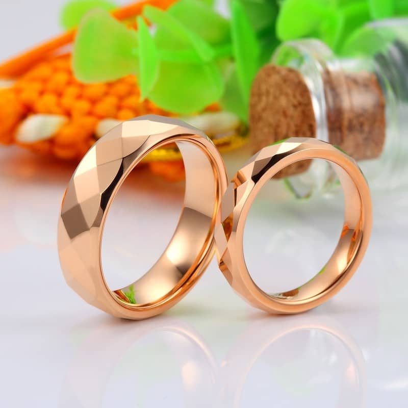 (image for) Rose Gold Plated Tungsten Wedding Bands Set for Women and Men, Tungsten Carbide Wedding Ring Band with Faceted Finish - 4mm - 6mm, Matching His and Hers Jewelry for Couples