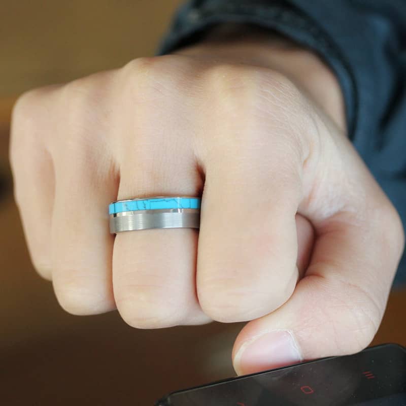 (image for) Turquoise Inlaid Tungsten Wedding Band, Unique Tungsten Carbide Wedding Ring Band with Brushed Center - 6mm - 8mm, Matching Couples Jewelry Set for Him and Her