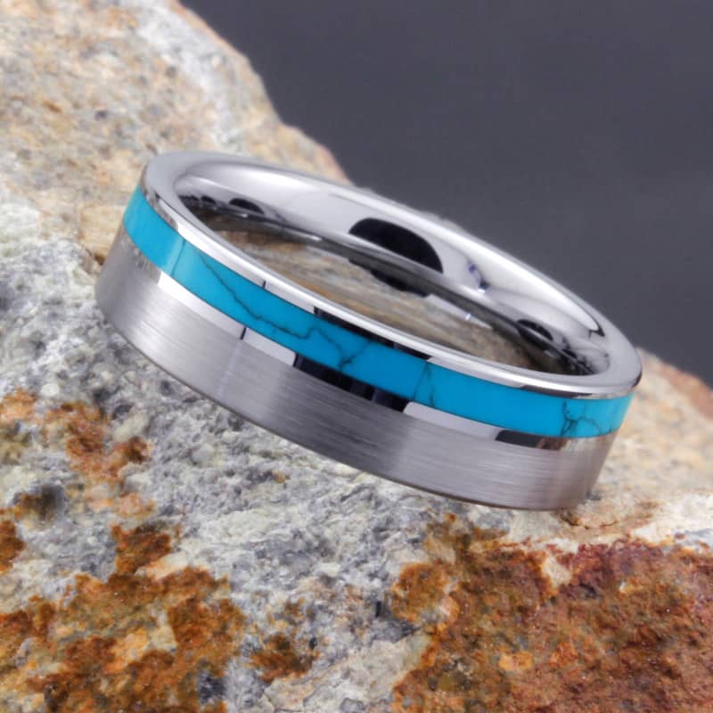 (image for) Turquoise Inlaid Tungsten Wedding Band, Unique Tungsten Carbide Wedding Ring Band with Brushed Center - 6mm - 8mm, Matching Couples Jewelry Set for Him and Her