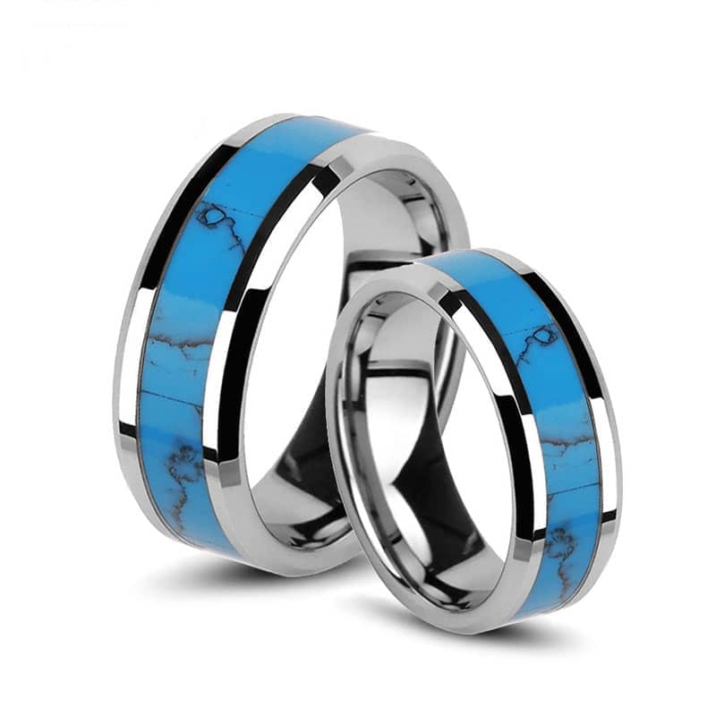 (image for) Turquoise Inlaied Tungsten Wedding Bands Set for Men and Women, Unique Tungsten Carbide Wedding Ring Band - 6mm - 8mm, Matching His and Hers Jewelry for Couples