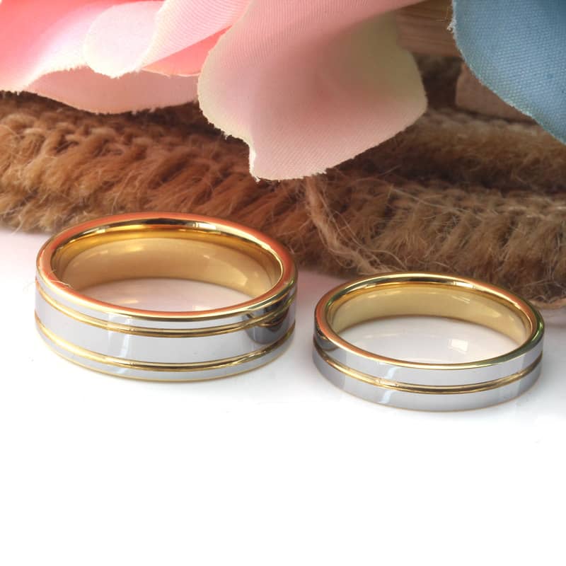 (image for) Two-Tone Tungsten Wedding Bands, Gold Plated Tungsten Carbide Wedding Ring Band with Polished Center & Grooves, Matching His and Hers Jewelry Set for Couples