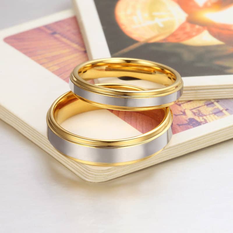 (image for) Two-Tone Tungsten Wedding Bands Set, Step-Edge Gold Tungsten Carbide Wedding Ring Band with Polished Raised Center, Matching His and Hers Jewelry Set for Couples