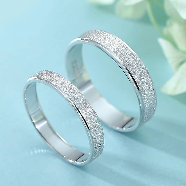 (image for) Brushed Center + Polished Edges Couple Promise Rings Set for Women and Men, Flat Wedding Ring Band in Sterling Silver, Matching His and Hers Jewelry for Couples