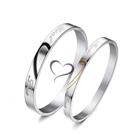 (image for) Real Love Engraved Matching Black & Rose Gold Heart Bangle Bracelets In Titanium Steel