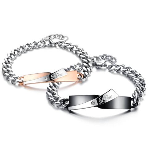 (image for) Teamo His and Hers Bracelets, Black / Rose Gold Personalized Tag Bracelets Set, Love Engraved Titanium Steel Bracelet with CZ Diamond, Matching Jewelry for Couples