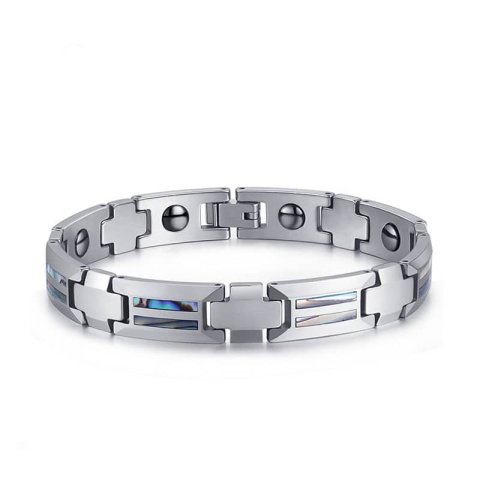 (image for) Mother Of Pearl Inlay Tungsten Bracelet, Magnetic Tungsten Carbide Shell Link Bracelet For Men, Unique Fashion Health Tungsten Jewelry Gift For Boyfriend