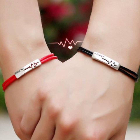 (image for) Matching Couple Heartbeat Tag Leather Bracelets In 925 Sterling Silver