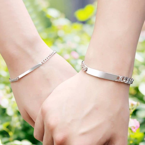 (image for) Personalized Name Bar Curb Link Matching Couple Bracelets In Sterling Silver