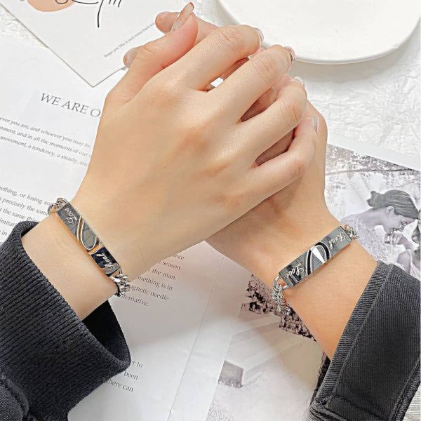 (image for) Real Love Engraved Heart Bar Matching Couple Bracelets In Titanium Steel