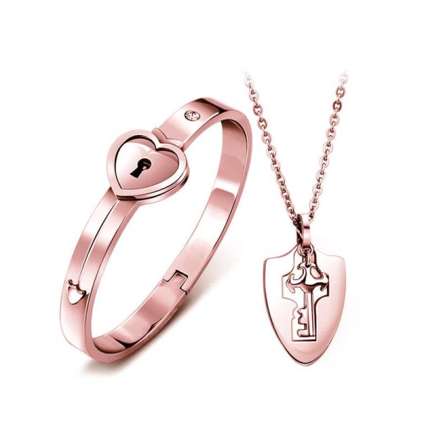 (image for) Rose Gold Heart Lock Bangle And Knight Shield Key Pendant Matching Set in Titanium Steel