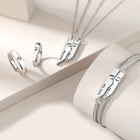 (image for) Set Of 3 Matching Kiss Rings Necklaces Bracelets Jewelry Set In 925 Sterling Silver