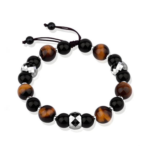 (image for) Mens Tungsten Carbide Bead Bracelet with Tiger Eye and Black Agate Ball Stones