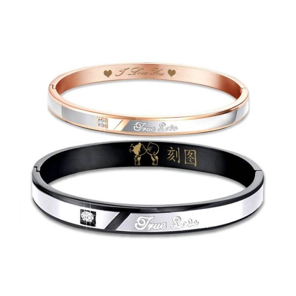 (image for) Teamo His and Hers Bracelets, True Love Engraved Bangles Set, Personalized Black / Rose Gold Bangle Bracelet with CZ Diamond, Matching Jewelry for Couples