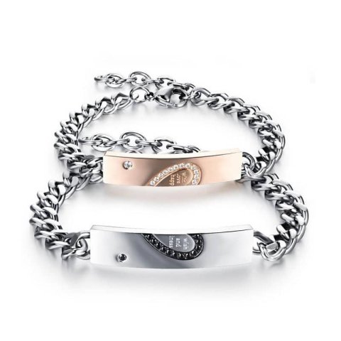 (image for) Titanium Steel Matching Heart Tag Bracelets With Black & White CZ Diamond Accents