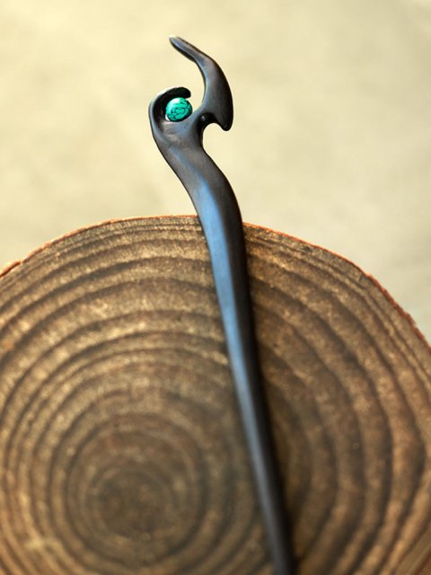 (image for) Ebony Wood Turquoise Bead Antique Chinese Hair Pin