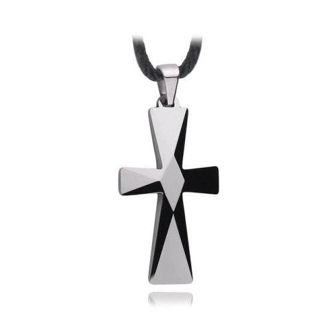 (image for) Tungsten Cross Pendant With Faceted Finish, Mens Unique Silver White Tungsten Carbide Cross Necklace, Religious Tungsten Carbide Jewelry Gift For Friends