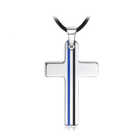 (image for) Silver Tungsten Cross Pendant, Fashion Tungsten Carbide Cross Necklace With Dual Black Blue Lines, Unique Tungsten Religious Jewelry Gift For Women And Men