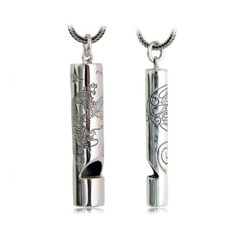 (image for) Couple Necklaces, Dragon & Phoenix Engraved Whistle Pendants Set, Antiqued Finish Vintage Cylinder Necklace in Sterling Silver, Matching His and Hers Jewelry for Couples