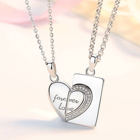 (image for) Sterling Silver Matching Couple Forever Love Heart Tag Necklaces With CZ Diamond Accents