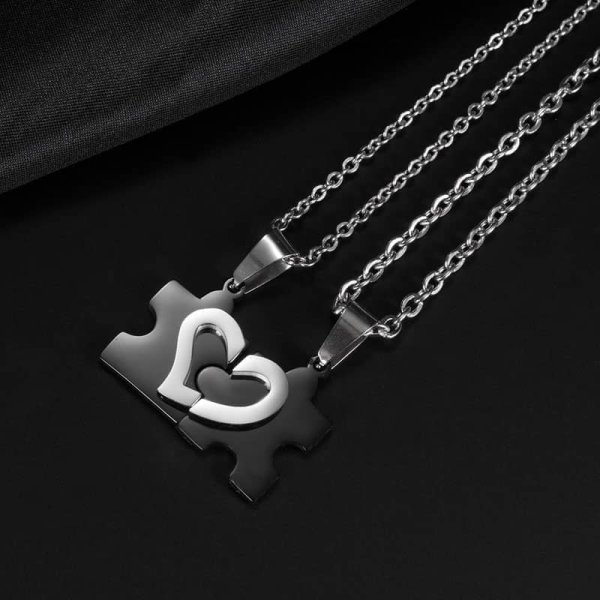 (image for) Black Heart Puzzle Stainless Steel Matching Necklaces For Couples