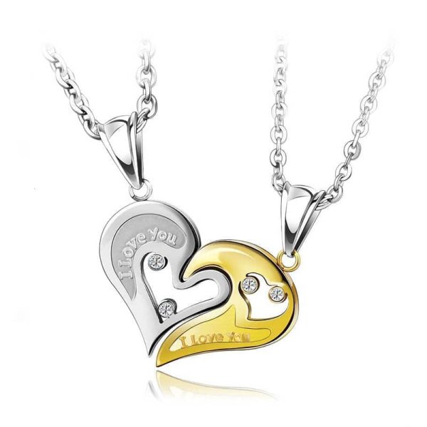 (image for) I Love You Engraved Open Heart Puzzle Matching Couple Necklaces In Titanium Steel