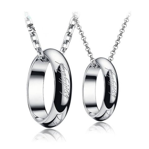 (image for) iDream Couple Necklaces, Lord of The Ring Engraved Circle Pendants + Bands Set, Silver / Gold Hoop Necklace in Titanium Steel, Matching Jewelry for Him and Her