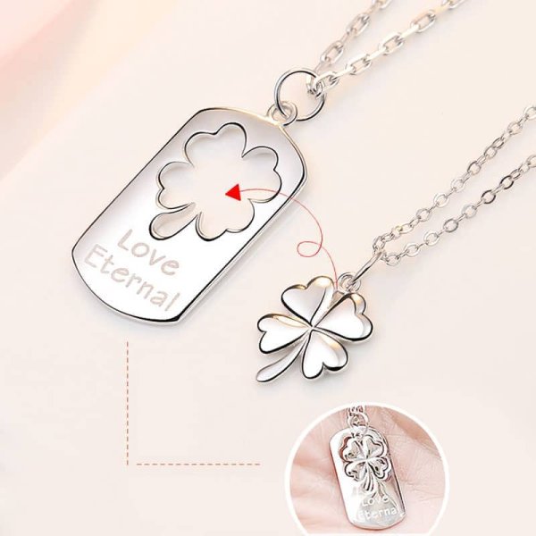 (image for) Love Eternal Engraved Four Leaf Clover Sterling Silver Matching Necklaces For Couples