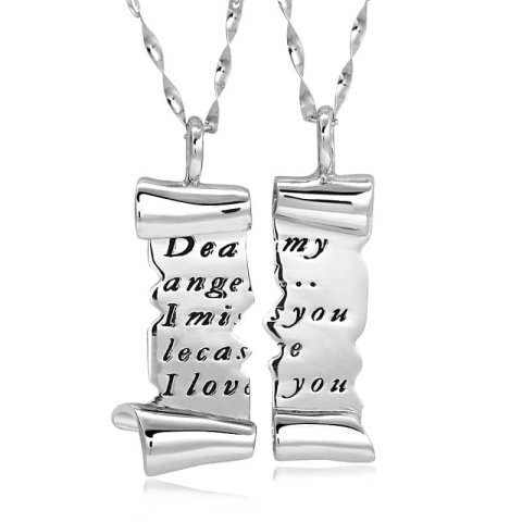 (image for) Matching Necklaces, Split / Broken Love Letter Necklaces Set in Sterling Silver, Black Engraved Tag Pendants for Women and Men, Couples Jewelry for Him and Her