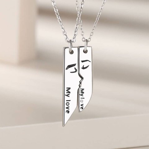 (image for) My Love Engraved Matching Couple Kiss Necklaces In 925 Sterling Silver