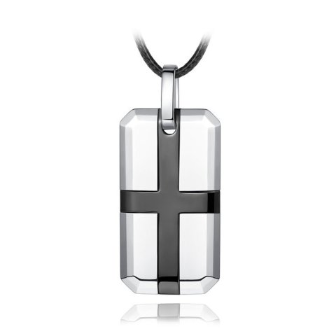 (image for) Mens Tungsten Carbide Black Cross Silver Dog Tag Pendant with Leather Necklace
